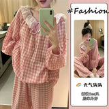 SHOPMOCHO Women's Sweet Print Pajamas Set Long Sleeve Top And Trousers 2 Piece Sleepwear Autumn Casual Loose Lace Loungewear