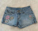 SHOPMOCHO Gothic Flower Embroidery Retro Denim Shorts Y2k Harajuku Rhinestone Blue Washed Low Waist Mini Shorts Women Sexy Streetwear