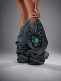 SHOPMOCHO Y2k 2000s Statue of liberty Diamonds Jeans Casual Denim Pants High Waist Straight Wide Leg Jeans Harajuku Vintage Women Clothing
