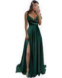 Shopmocho Satin Prom Dresses Pockets Draped Neck Long Formal Evening Gown Spaghetti Strap A line Bridesmaid Dress Lace Up Back with Slit