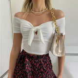 SHOPMOCHO Sexy Off Shoulder Twist Bow Bare Midriff Short T Shirt Women Short Sleeves Bottoming Shirt Ladies Tee Shirt Tops Camisetas Mujer