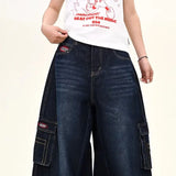 SHOPMOCHO Japanese Korean Versions Harajuku Men'S Jeans Fashion Casual Curved Pants Loose Pants Large Pockets Denim Straight Leg Pants