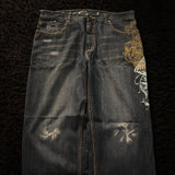 SHOPMOCHO American New Fashion Oversize Pattern Embroidered Baggy Jeans Men Y2K Gothic Harajuku Hip Hop Straight High Waist Wide Leg Pants