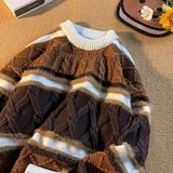 Shopmocho American autumn and winter street fashion personalized jacquard round neck pullover for couples loose retro color blocked knit