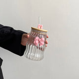 Shopmocho 1Pc Glass with Lid and Straw, Elegant Bow Girl's Glass Cup, Wavy Glass with Lid, Stripesd Glass Cup for Home Decoration, Home Drinking Water, Breakfast Cup, Milk Cup, Afternoon Tea Coffee Cup, Valentine's Day Gift