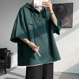 SHOPMOCHO 5 Colors Summer Hooded T shirt Men Korean Half Sleeve Pullover Streetwear Loose T-shirt Tops Drawstring Men Clothing