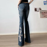 Shopmocho Flare Pants Jeans Women Embroidery Boot Cut Low Waist Washed Distressed Pockets Floor Length Streetwear 2025 Denim Trousers