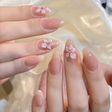 Shopmocho 24Pcs Almond Pure Handmade Press On Nails Full Cover Butterfly French Pearl Diamond False Nails Wearable Manicure Nail Tips Art