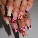 Shopmocho 24pcs Fresh Long Coffin Fake Nails Yellow French Style Flower Printed Metal Butterfly Designs Press On Nails Summer False Nail