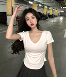 SHOPMOCHO Sexy V-neck Short Sleeve T-shirts for Women Summer New Tees Top Black White Basic Tshirt Y2K Korean Style Women's Clothes 2026