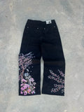 SHOPMOCHO American New Fashion Vintage Cherry Blossom Pattern Embroidered Blue Jeans Women Y2K Street Wild Straight Wide-leg Trousers