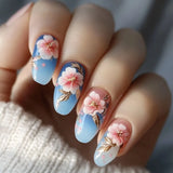 Shopmocho 24pcs/set Medium long fake nails Swan fish flowers for summer season gradient almond square ballet tips press on false nails