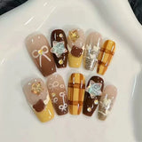 SHOPMOCHO 10Pcs Fashion Gentle Handwork Press On Nails French Style Flowers Butterfly Rhinestone Pearl Design Detachable False Nails Gift