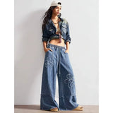SHOPMOCHO Women's Pants Loose Wide Leg Jeans Embroidery Elastic Waistband Drawstring Adjustable High Rise Comfort