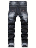 SHOPMOCHO Men y2k Stretchy Denim jeans Ripped Skinny Letter Print elastic waist Casual pants for men Hole Slim Fit Denim Hip Hop Trousers