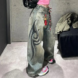 Shopmocho American Gothic Print Blue Wash Jeans Y2K Autumn Winter Retro Hip Hop Loose Casual Fashion Street High Waist Straight Jeans