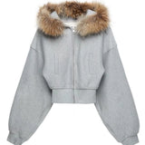 SHOPMOCHO Black Fur Collar Zipper Sweatshirt Simple Fashion Furry Collar Zipper Hooded Sweatshirt Vintage Y2k Zipper Hooded Sweatshirt