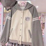 Shopmocho Japan Subculture Hooded Sweatshirt Women Single Breasted Long Sleeve Patchwork Coat Preppy Style Sweet Fall Casual Outwear
