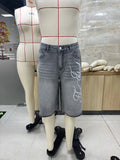 SHOPMOCHO Fashion Men Summer Casual Denim Shorts Knee Length Trendy Letter Embroidered Shiny Rhinestone Decor Jeans Shorts with Pockets