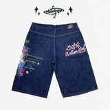 SHOPMOCHO American Washed Ecko Denim Shorts Mens Hip-hop Rock Street Fashion Pattern Straight Pants Harajuku Trend Wide Pants