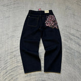 SHOPMOCHO Y2K Vintage Low Waist Hip Hop Cherry Blossom Embroidered Jeans  Wide Leg Trousers Clothes Mens Embroidered Baggy Jeans Womes