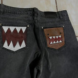 SHOPMOCHO Washed Black Baggy Men Monster Tooth Embroidery Jeans Pocket Wide Leg Denim Pants Y2k Streetwear Hip Hop Loose Trousers Unisex