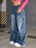 SHOPMOCHO Girl's Y2K New Five-Star Patch Trendy Straight-Leg Jeans, Elastic Waist, Comfortable Fabric, Suitable for All Seasons to Wear.