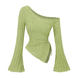 SHOPMOCHO women's New off shoulder cross long sleeved slim fit casual street style asymmetrical elegant T-shirt trumpet sleeve top