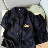 Shopmocho Embroidery Dog Sweet Fashion Cute Pajamas Set for Women Plaid Lapel Neck Elastic Waist Design Pajamas Short New Casual Nightwear