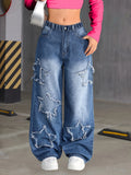 SHOPMOCHO Girl's Y2K New Five-Star Patch Trendy Straight-Leg Jeans, Elastic Waist, Comfortable Fabric, Suitable for All Seasons to Wear.