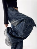 SHOPMOCHO 2025 American Retro Y2K Style Washed Distressed Blue Baggy Women's Cargo Jeans Pants For Woman Clothing Wide Leg Denim Trousers