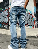 SHOPMOCHO Men's Light Blue Denim Pants, Distressed Flared Jeans with Knee Rips & Frayed Hem for Streetwear