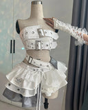 SHOPMOCHO Y2K Pink Two Piece Streetwear Punk Off Shoulder Tops Gothic Lace Spliced ballet Tutu Mini Puff Skirt Rock Sexy Two Piece Set