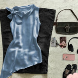 Shopmocho High End French Temperament O Neck Sleeveless Korean Tank Tops Elegant  Bow Appliques Design Camioles Y2k Lrregular Simple Tops