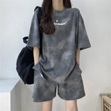 Shopmocho Women T-Shirt Shorts Suit Set Casual Tie Dye Loose tshirt and wide leg middle shorts with pockets female Soft Summer Shorts Sets