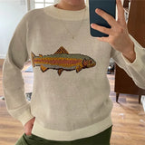 Shopmocho Women Y2K Contrast Fish Sweater Long Sleeve Crew Neck Ribbed Knit Pullover Sweaters Autumn Winter Casual Knitwear Tops