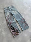 SHOPMOCHO New Black Wide Leg Denim Jeans Men Dragon Print Cherry Blossom Embroidery Vintage Washed Loose Harajuku Streetwear Casual Pants