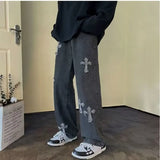 SHOPMOCHO Cross Embroidery Y2k Jeans Mens Straight Denim Pants Casual Vintage Jeans Versatile Fashion Streetwear Spring High Street Pants