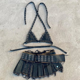 Shopmocho Retro Street Fashion Washed Denim Two-Piece Skirt Set Women Hip Hop Harajuku Goth Halves Neck Top Mini Pleated Skirt Trendy Set