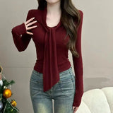 SHOPMOCHO Slim Drawstring Lacing Sexy Tops Women Clothing Spring Autumn Long Sleeve Solid Simplicity Temperament T Shirts Korean Fashion