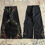 Shopmocho Y2K Baggy Jeans vintage splicing Floral Seams Embroidery Streamlined Jeans 2000s Harajuku goth men women Hip Hop wide leg jeans