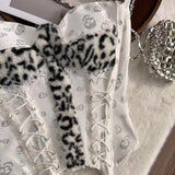 SHOPMOCHO Women Gothic Skull Print Strapless Corset Top Fuzzy Leopard Splice Lace Trim Double Lace Up Slim Waist Cincher Alt Y2K Bustie