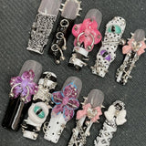 SHOPMOCHO Europe America Spice Girl Handmade Long Square Stilettos Fake Nails Metal Rivet Chain Flowers Lips Bowknot Diamond Press On Nail