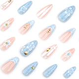 Shopmocho 24pcs Light Blue False Nails Summer Beach Style Seashell Starfish Flower Pattern Press On Nails Smudging French Almond Fake Nail