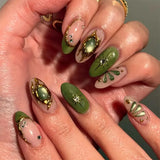 SHOPMOCHO 24Pcs Short Almond Fake Nails Butterfly Wings Nail Art with Glue Glitter Flower False Nails Acrylic Autumn Winter Press on Nail