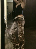 Shopmocho American Retro Leopard Print Gradient Wash Jeans Y2K Street Hip Hop Old Trousers Fashion Casual High Waist Straight Denim Pants