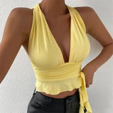 Shopmocho Women's Sexy Tight Fitting Deep V-neck Pleated Top Tight Fitting 2025 Spring Beach Resort Nightclub New Model Women's Sexy Tigh