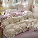 SHOPMOCHO Ruffles Bedding Set Floral Style Duvet Cover Pillowcase with Bedsheet Skin-friendly Bed Linen Set Girls Room Bedclothes 이불세트