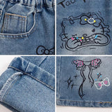SHOPMOCHO New Summer Girls Denim Shorts Cartoon Hello Kitty Fashion Loose Knee Length Jeans Pants For 4-14 Years Teen Kids Casual Trousers