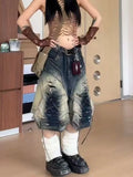 SHOPMOCHO American Streetwear Lace Up Cargo Denim Pants Summer Hot Girl Chic Loose Wide Leg Cropped Pants 2000s Y2k Shorts Women Clothing